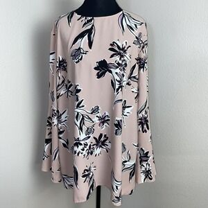 Halogen‎ Top Women's Size 1X Black Pale Pink Floral Bloomcore Sheer Tie Back
